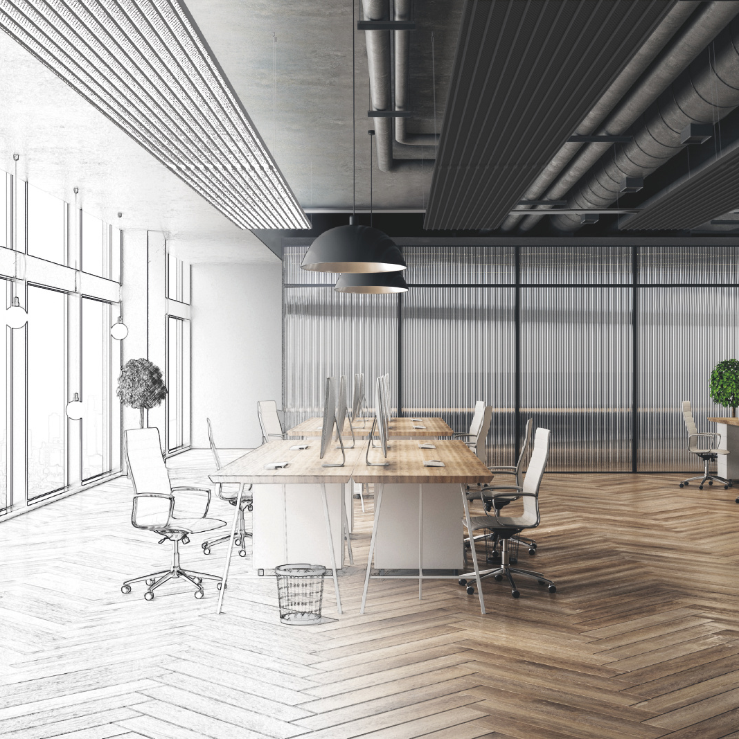 Test DE Modern hand drawn meeting room office interior with city view and daylight. Architecture and engineering concept. 3D Rendering