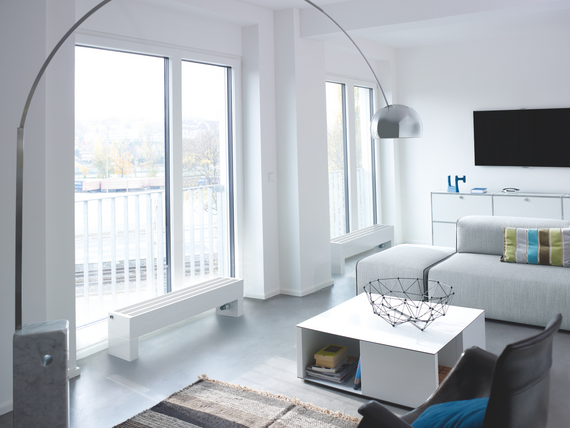 Zehnder_RAD_Radiavector-HY_model 432-1200 block feet, S076, RAL 9016 Rendering Radiavector Bench Decorative radiator Side view