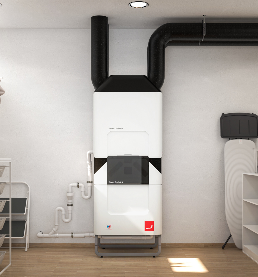 Zehnder_CSY_ComfoClime-ComfoAirQ-TR_basement_washingarea_Milieu Rendering ComfoClime Comfortable indoor ventilation Front view