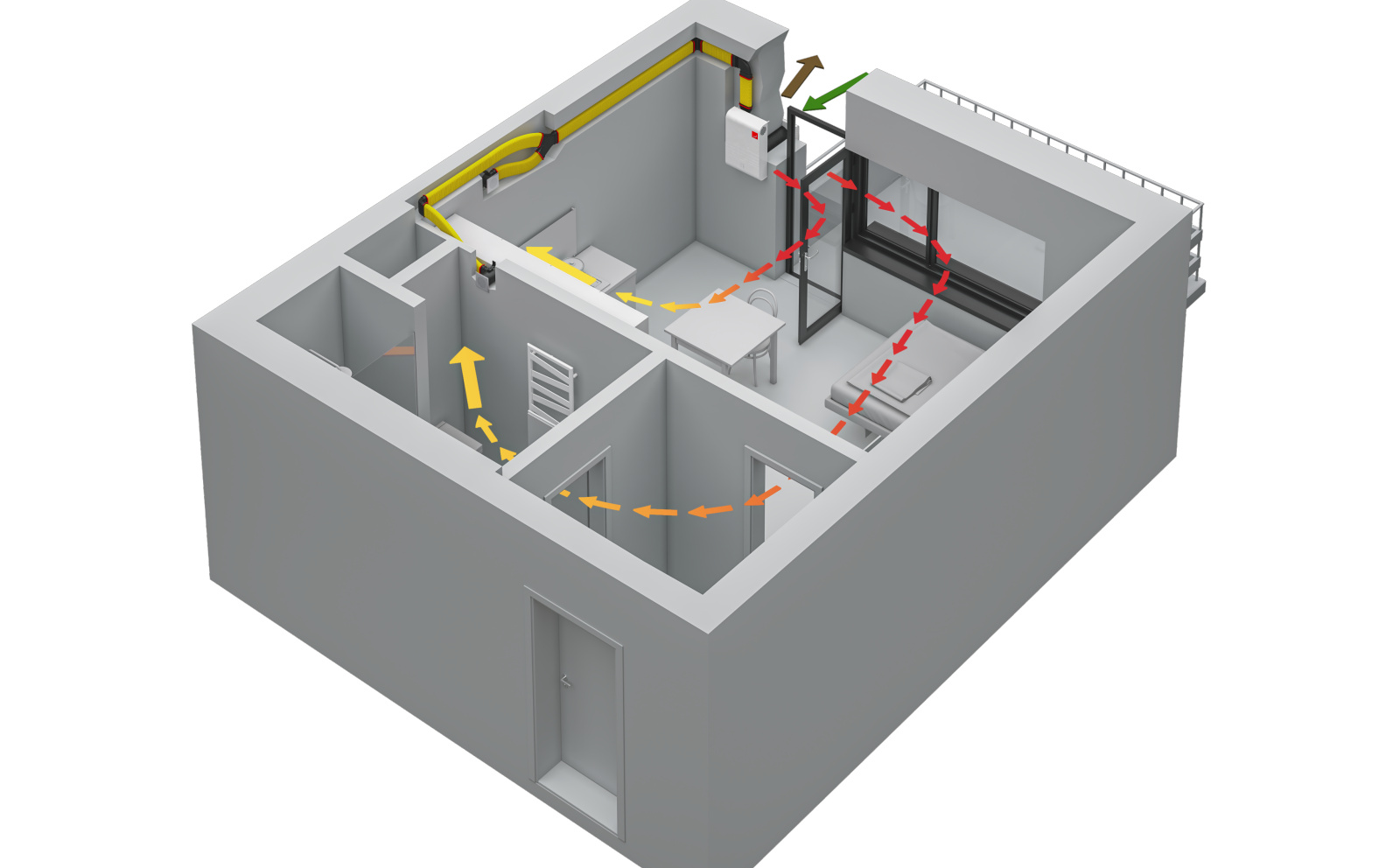 Unit, Airdistribution, system, Comfo tube, Coloured Air flow, Appartment, building, System representation, flat, cut into the flat, air distribution, floor plan, wall openings, comfo tube Flat, flat bend, ca 70, Comfo Air 70, Y piece, venezia, ribbon,