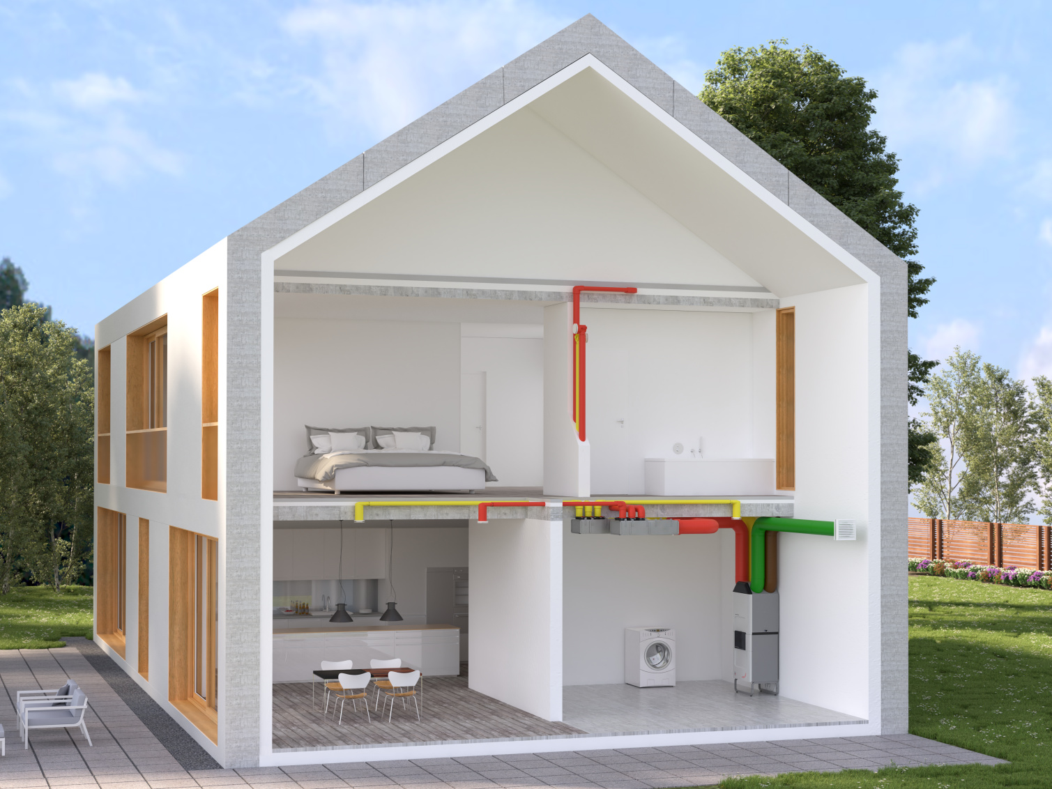 Zehnder_CSY_ComfoClime36_HouseGraphic_View1 Rendering Zehnder ComfoClime 36 Comfortable indoor ventilation Angled view
