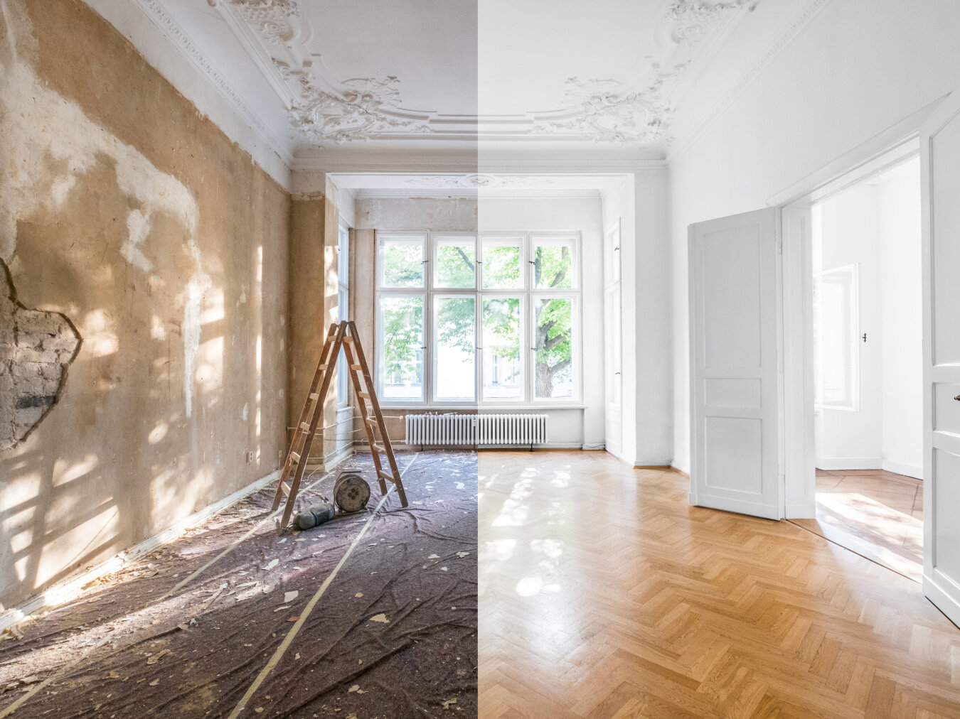 Teilrenovierung – Umgestaltung eines Raums Vorher-Nachher-Ansicht eines Raums, der einer Teilrenovierung mit baulichen Veränderungen unterzogen wird