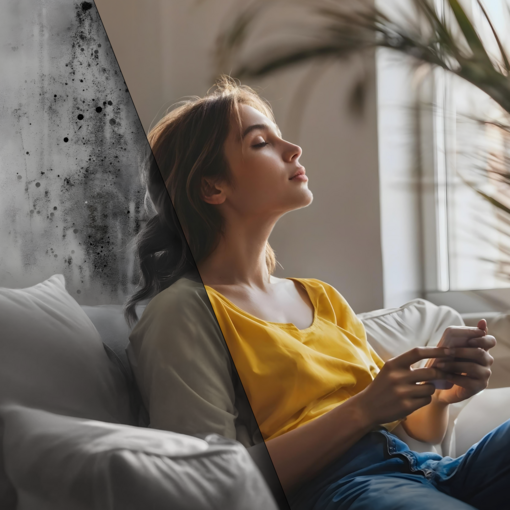 Zehnder_ALL_ExpReno_Header_AI_mainpage Vorher‑Nachher‑Bild mit schimmelnder Wand links und modernem, hell eingerichtetem Wohnraum rechts, in dem eine Frau sitzt und die Raumluft genießt