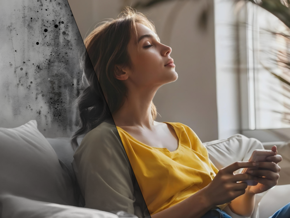 Split image showing a person seated on a sofa near a window; the left side appears dark with visible mold on the wall, while the right side is bright and clean, highlighting improved indoor air quality by zehnder