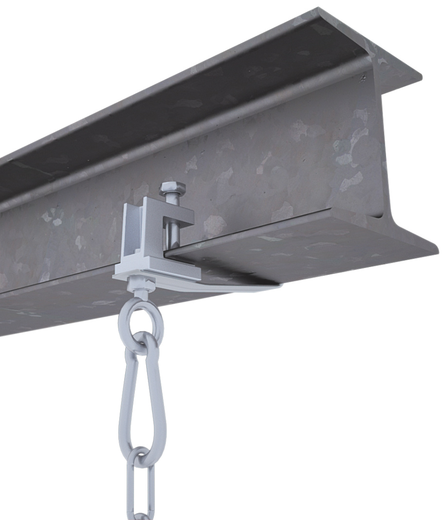 standard fixing kit K 38, mounting set, installation kit, horizontal steel girder, carrier bracket, fuse cover, washer, hexagon nut, eyebolts, carabiner hook, link chain, screw connection, horizontal