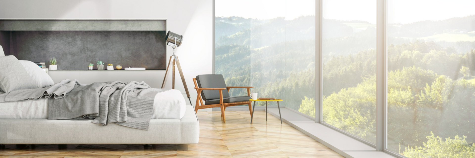 modernes Schlafzimmer-Interieur mit Blick auf die Natur