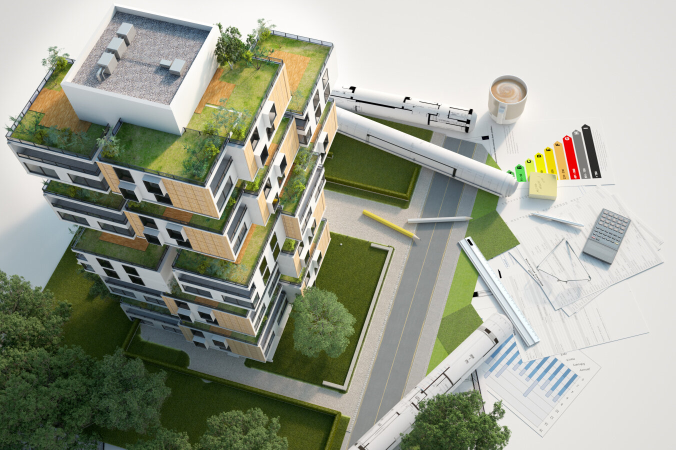 AdobeStock_268477266 3D rendering of a Sustainable building architecture model with blueprints, energy efficiency chart and other documents, Energy effizientes bauen/planen / MFH, Mehrfamilienhaus, Renovieren