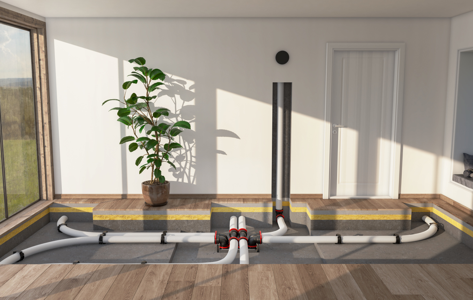 Milieu, living room, open floor, instalation, system, air distribution, parts with rapd lock,