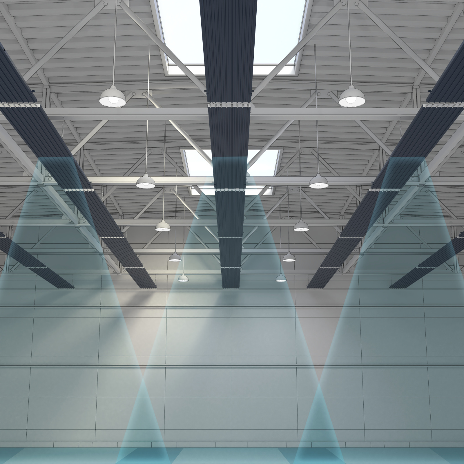 Zehnder_RHC_ZFP_BlueNight_Millieu_Halle_Zeichnung Radiant ceiling panel ZFP, In a warehouse hall, Blue night, Heat radiation, Graphic, Drawn optics,