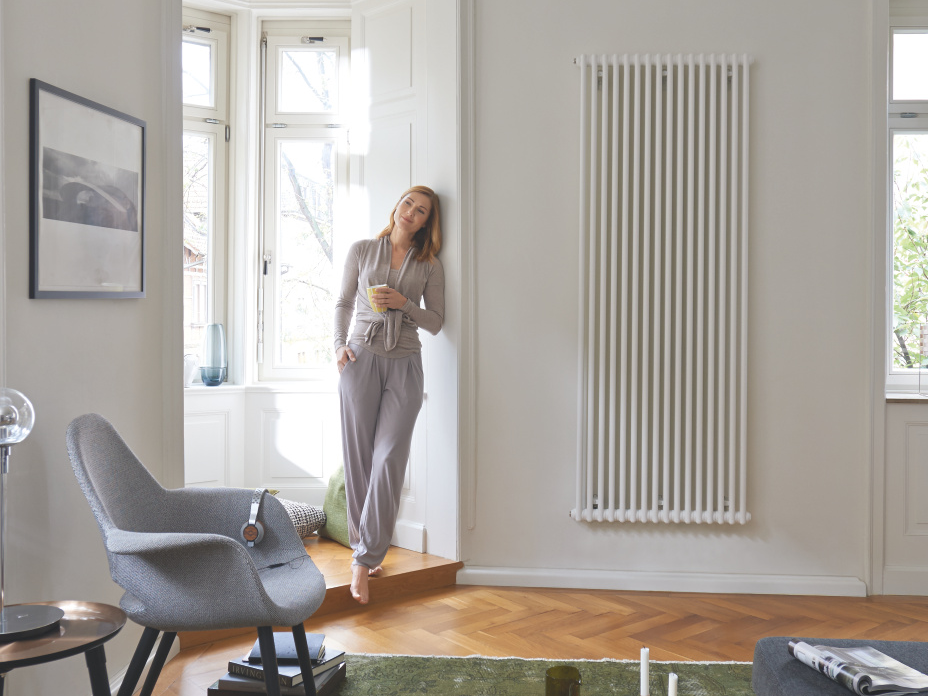Integration einer neuen Heizungsanlage Modernes Interieur mit vertikalem Heizkörper und optimaler Wärmeverteilung