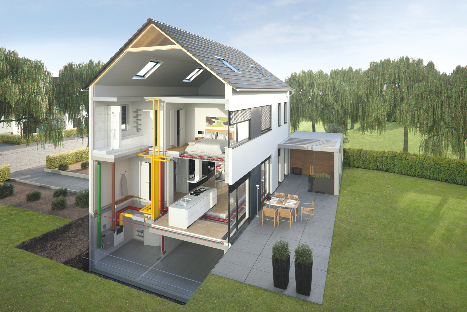 Zehnder_CSY_ComfoAir Q350TR_ComfoFond_LQ TR_inFloor_mitKeller_Original Rendering Zehnder ComfoFond-L Q TR Comfortable indoor ventilation 3D view