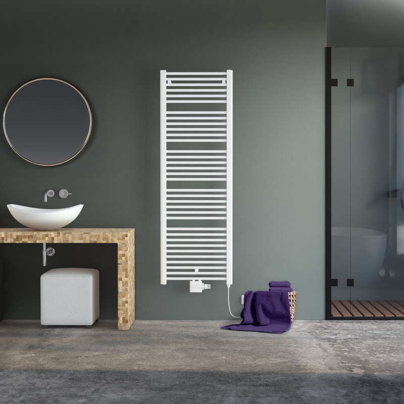 Blank dark green wall for mock up of bathroom cabinet, in modern bathroom, bathtub, concrete floor, shower. 3d rendering