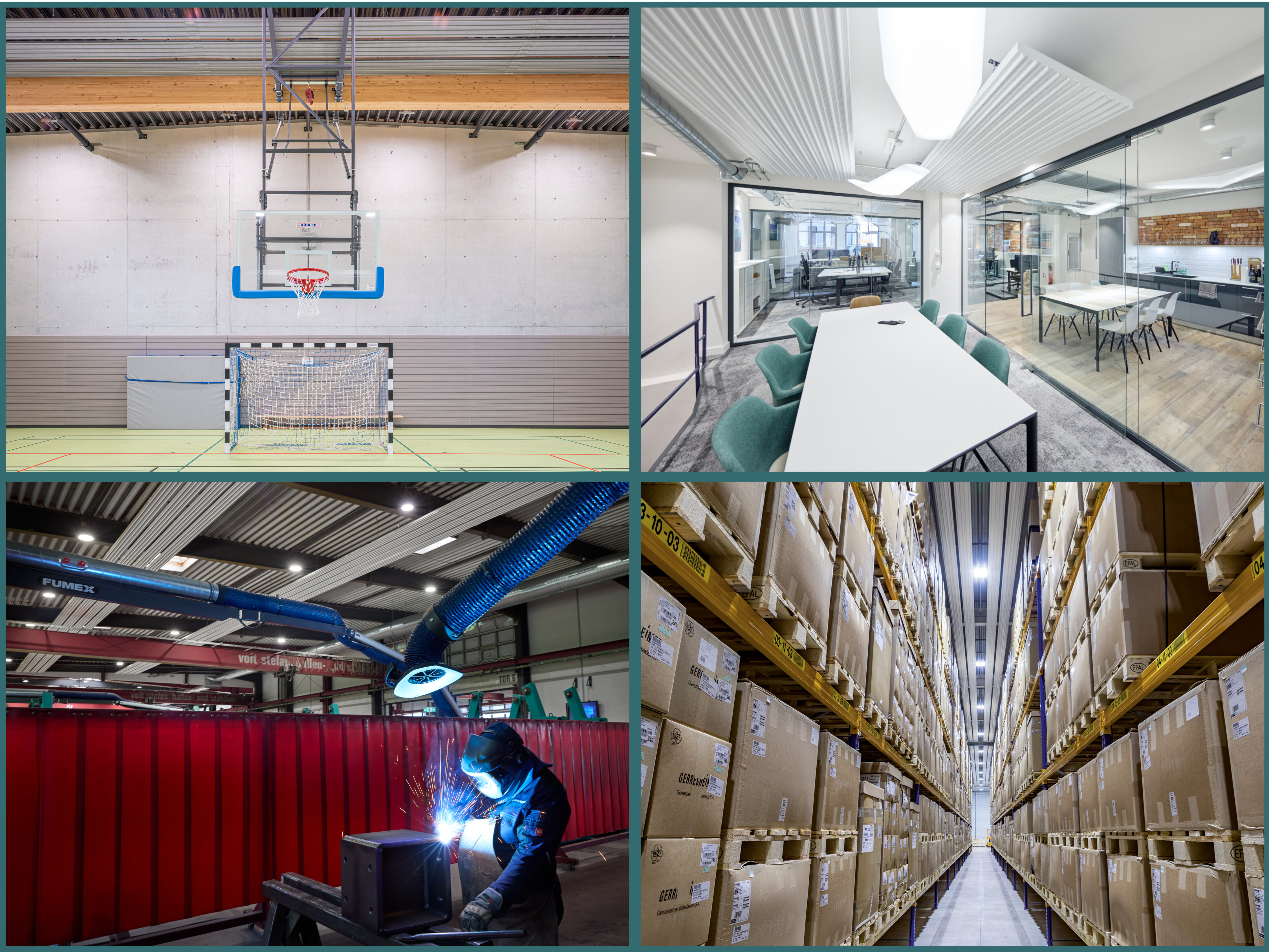 Verschiedene Einsatzbereiche von Deckenstrahlplatten als Thema von einem Web-Seminar in den Bereichen Sporthalle, Büro, Produktionshalle und Lagerhalle